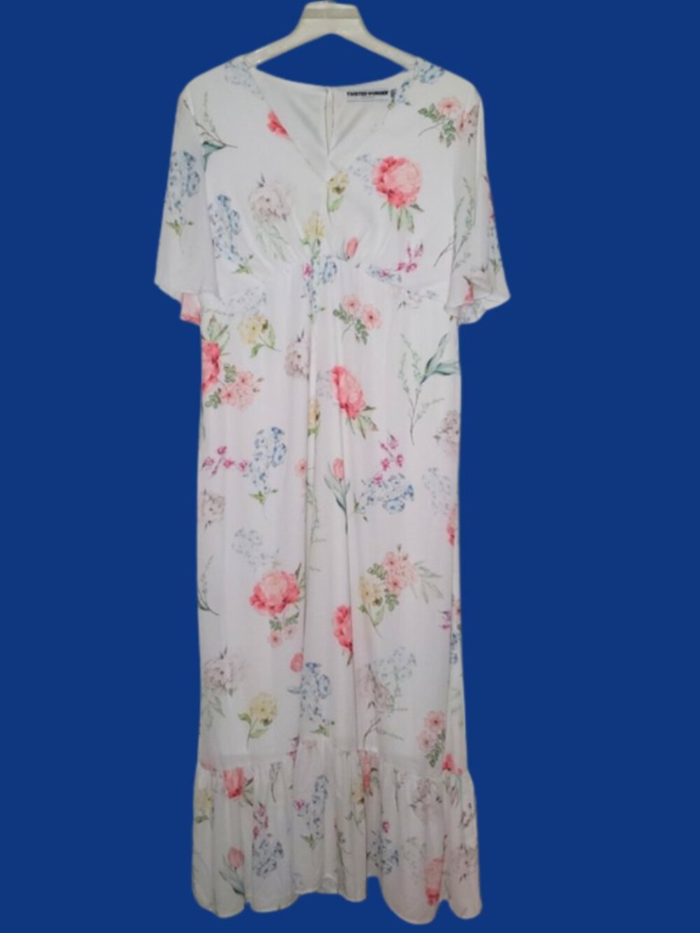Twisted Wunder Floral Maxi Dress US 18 Plus Size White Flutter Sleeve V Neck